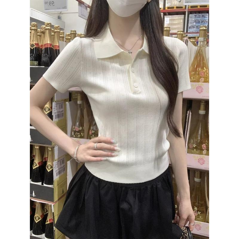 women pointelle knit polo shirt short sleeve button placket form-fitting casual solid color top