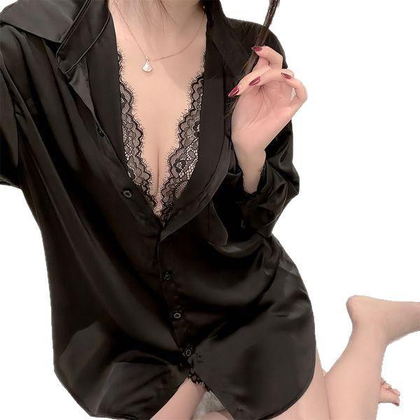 Sex Underwear Pajamas Fashion Lace Splicing Deep V Long Sleeve Boyfriend Shirt Pajamas Homewear Suit Female Flirting