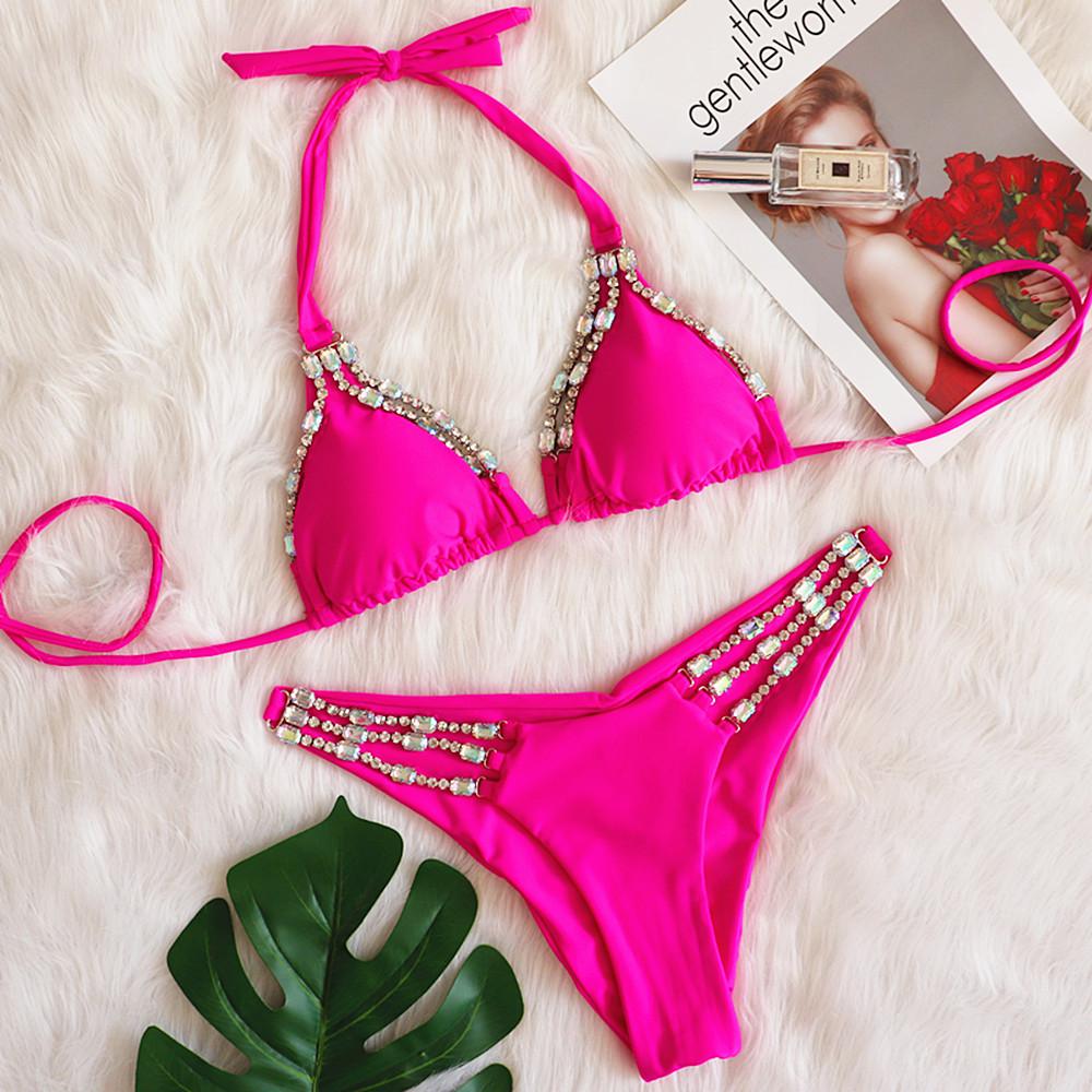 2022 Rhinestone Metal Women's Bikini - Sexy Two-Piece Solid Color Tie-Up Swimsuit for Resort Wear.