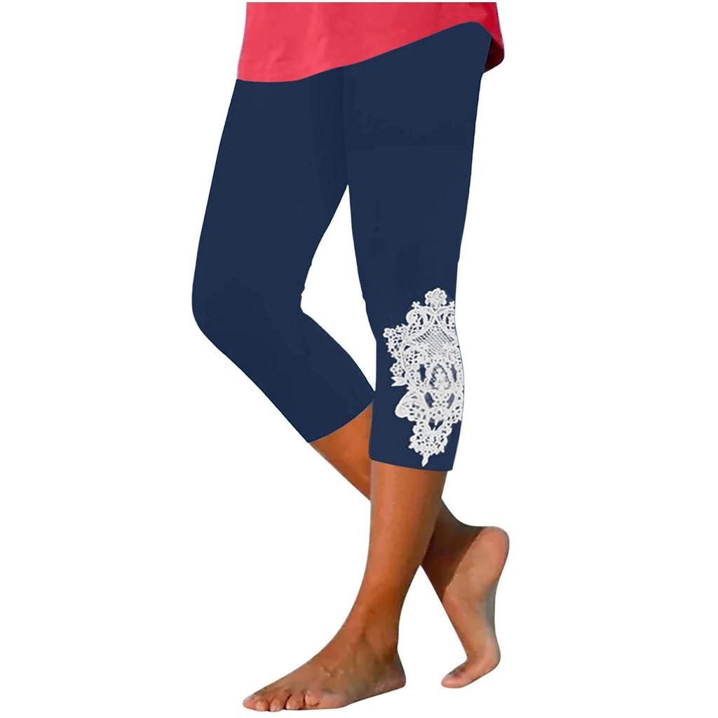 Damen Capri-Leggings mit Spitzenbesatz Verkürzt Dehnbar Schlank geschnitten Weicher atmungsaktiver Stoff für den täglichen Gebrauch