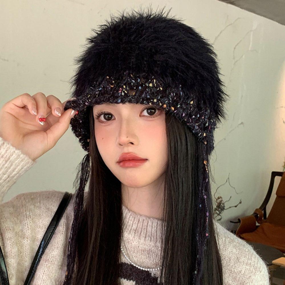 Mixed-color Straps Handmade Knitted Cap Ear Protection Winter Warm Cap  Women Girls Maiden