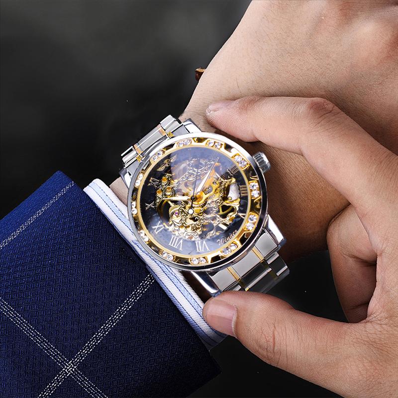 Winner Fashion Diamond Dial Men's Mechanical Watch Skeleton Watch Black Gold Retro Luminous Pointer PU Belt Mesh Belt Steel Belt