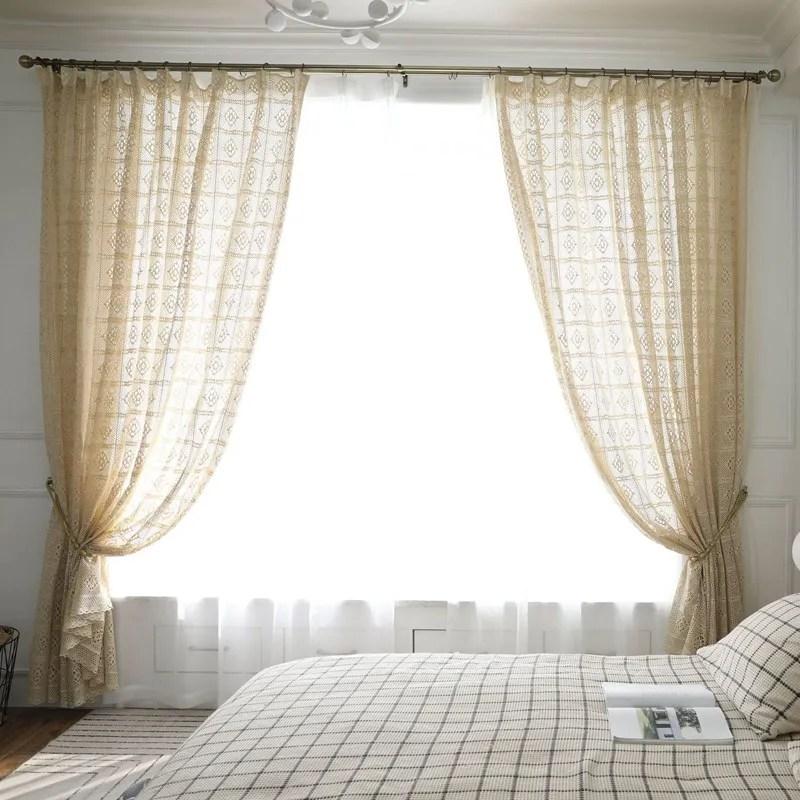 

Polyester Cotton White Translucent Retro Hollow Out Curtain Finished North American Rural Fabric Floor Screen Bedroom Curtain W100 x H180cm&Hooking