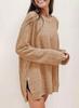 2025 European & American Waffle Knit Round Neck Long Sleeve Slit Solid Color Top for Women