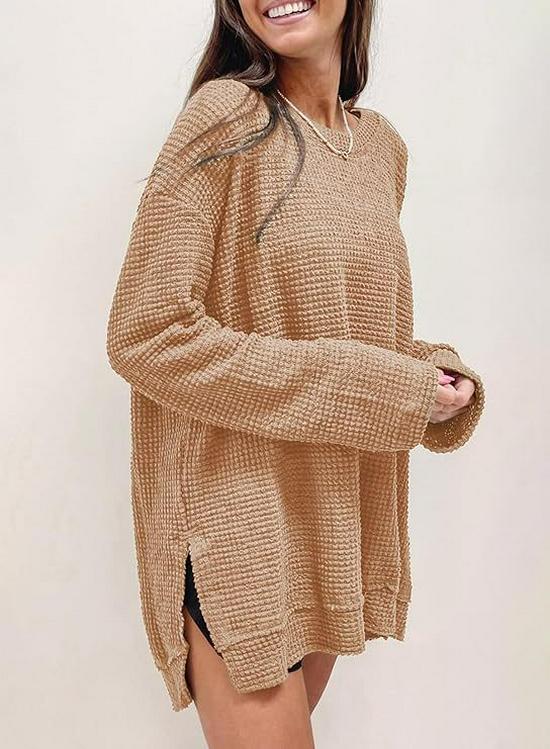 2025 European & American Waffle Knit Round Neck Long Sleeve Slit Solid Color Top for Women