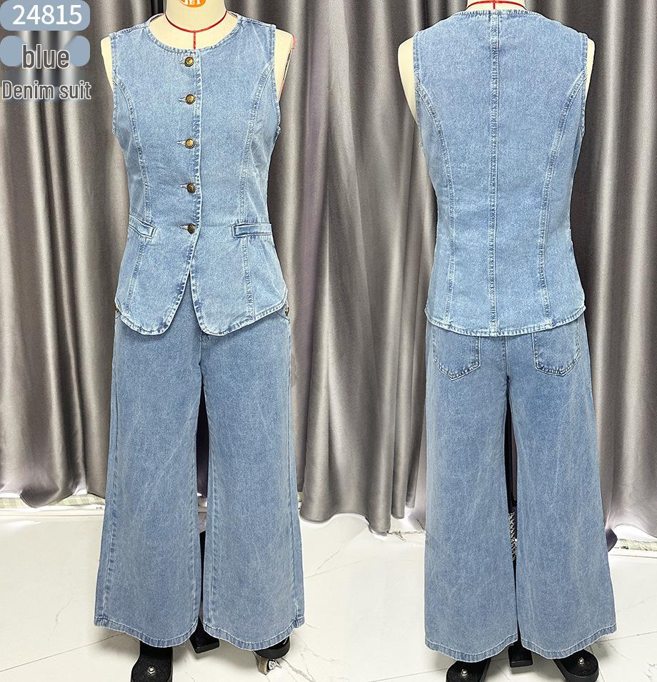 2026 Trendy Sleeveless Denim Jumpsuit Set: European & American Style Wide-Leg Two-Piece for Women