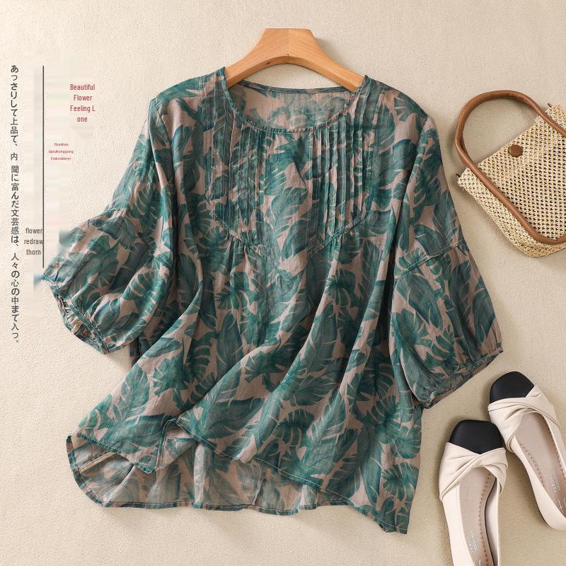 

2025 Summer Floral Print Puff Sleeve Round Neck T-shirt Large зелений
