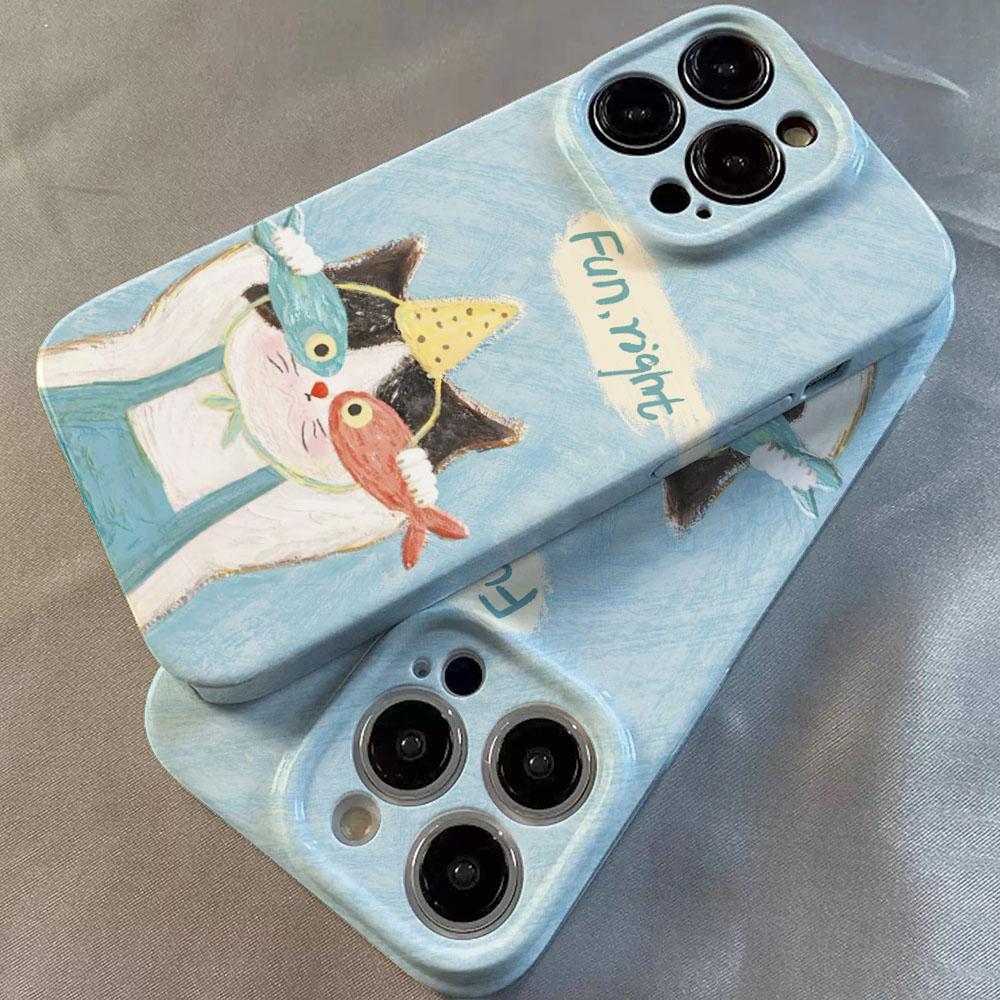 Lovely Cat Fish Glossy Film Hard PC Phone Case for Oppo A6 A5 A78 A3 A3X A60 A74 A38 A58 A96 A57 A76 A36 A17 A16e A55 Pro 4G 5G