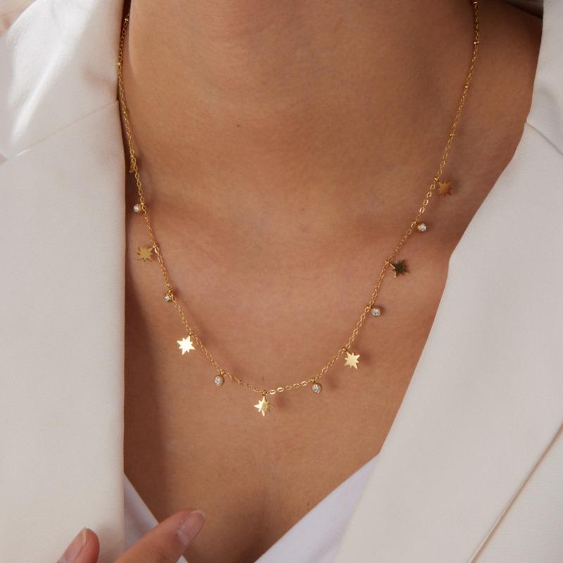 Gold Plated Multi Star Charm Beaded Necklace, Dainty Sunburst Star Pendant Link Chain with CZ Charms, Boho Jewelry for Women Gift