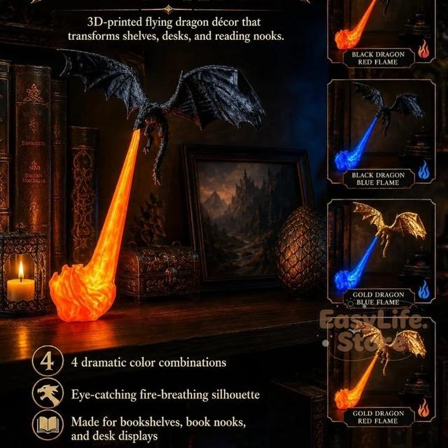 3D Fire-Breathing Dragon Bookshelf Nook Light Shelf Decor Flying Dragon Design Book Lover Gift Halloween Shelf Display