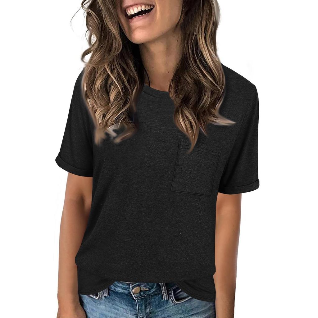 26-3-14-Women's Fashion Round Neck T-Shirt Solid Color Loose-Fit Short Sleeve Top2101