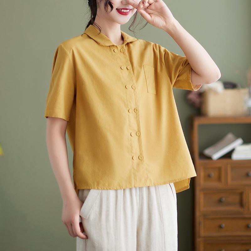 

Летние блузки Модные Художественные Свободные Однотонные Однобортные Рубашки Топы с коротким рукавом Женские 2XL жёлтый