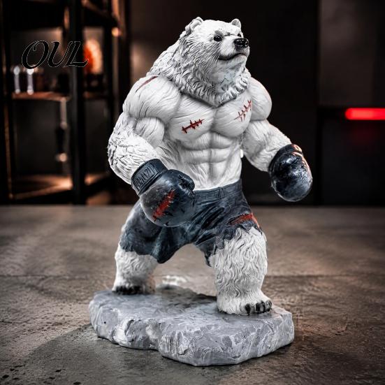 Resin Animal Figurine Boxing Bear Figurine, Muscle Statue for Desk Decor, Brown Decor White Sculpture Office and Home Display Shape