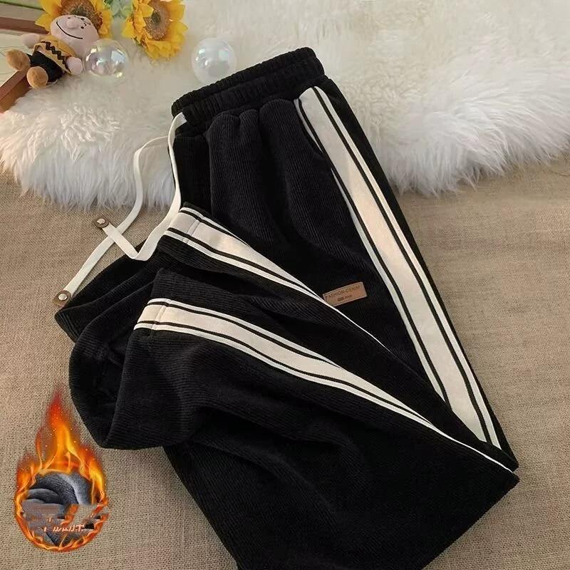 Men's Spring and Autumn Side Striped Loose Straight Sports Pants, High Street Ruff Handsome Corduroy Casual Pants