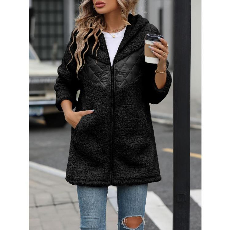 New Womens Fleece Coat Autumn Winter Warm Loose Hooded Mid Length Zipper Outerwear Cross Border Fashion S чёрный