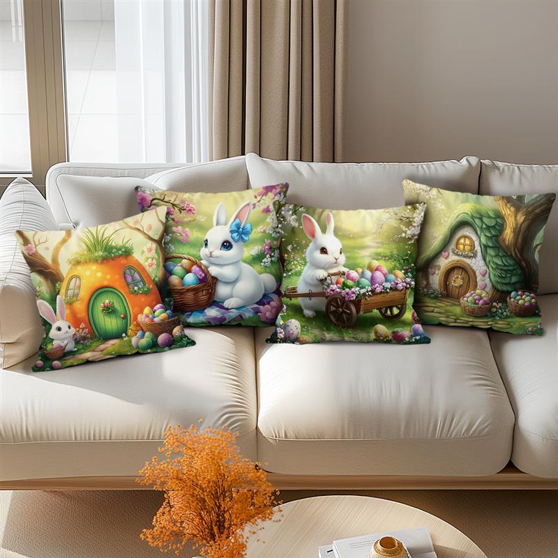 1Pc Easter Day Pillow Cover Spring Flowers Rabbit Pattern Printing Home Room Decoration Sofa Chair Cushion Cover