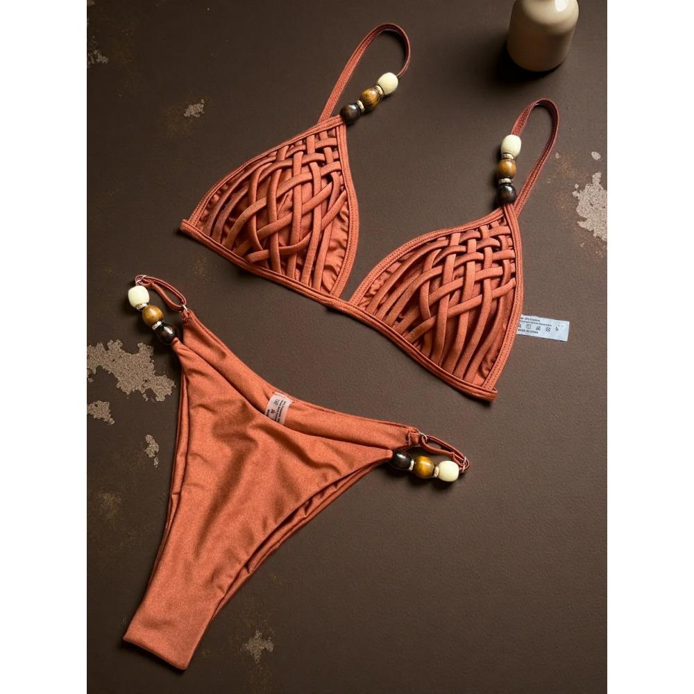 

Сексуальний коричневий бікіні набір 2026 Жіночий з перлами, ремінцем, вирізами, пуш-ап бюстгальтер, стрінг, купальник, бразильський пляжний купальник, мікро-купальник L коричневий