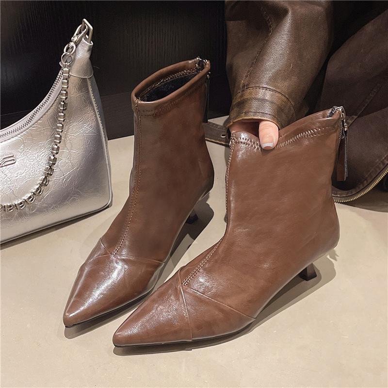 

8766-2 остроносые тонкий каблук высокий каблук короткие ботинки женские ботинки на задней молнии высокие каблуки 2025 осень и зима новая кошачья пятка женские ботинки 39 коричневый