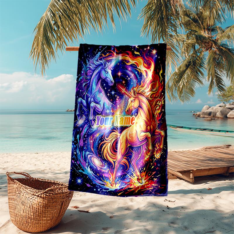 1PC Custom Name Unicorn Galaxy Fusion Beach Towel Highly Absorbent And Sand-Resistant Towel for Swimming, Pool, Yoga, And Travel Lightweight