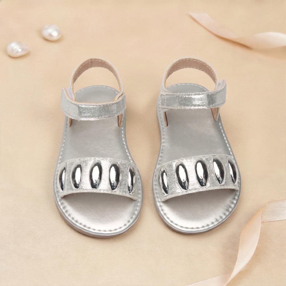 Girls Princess Sandals: Metal Accents, Soft Sole, Velcro Closure, Open Toe, Summer Versatile 23 серебряный