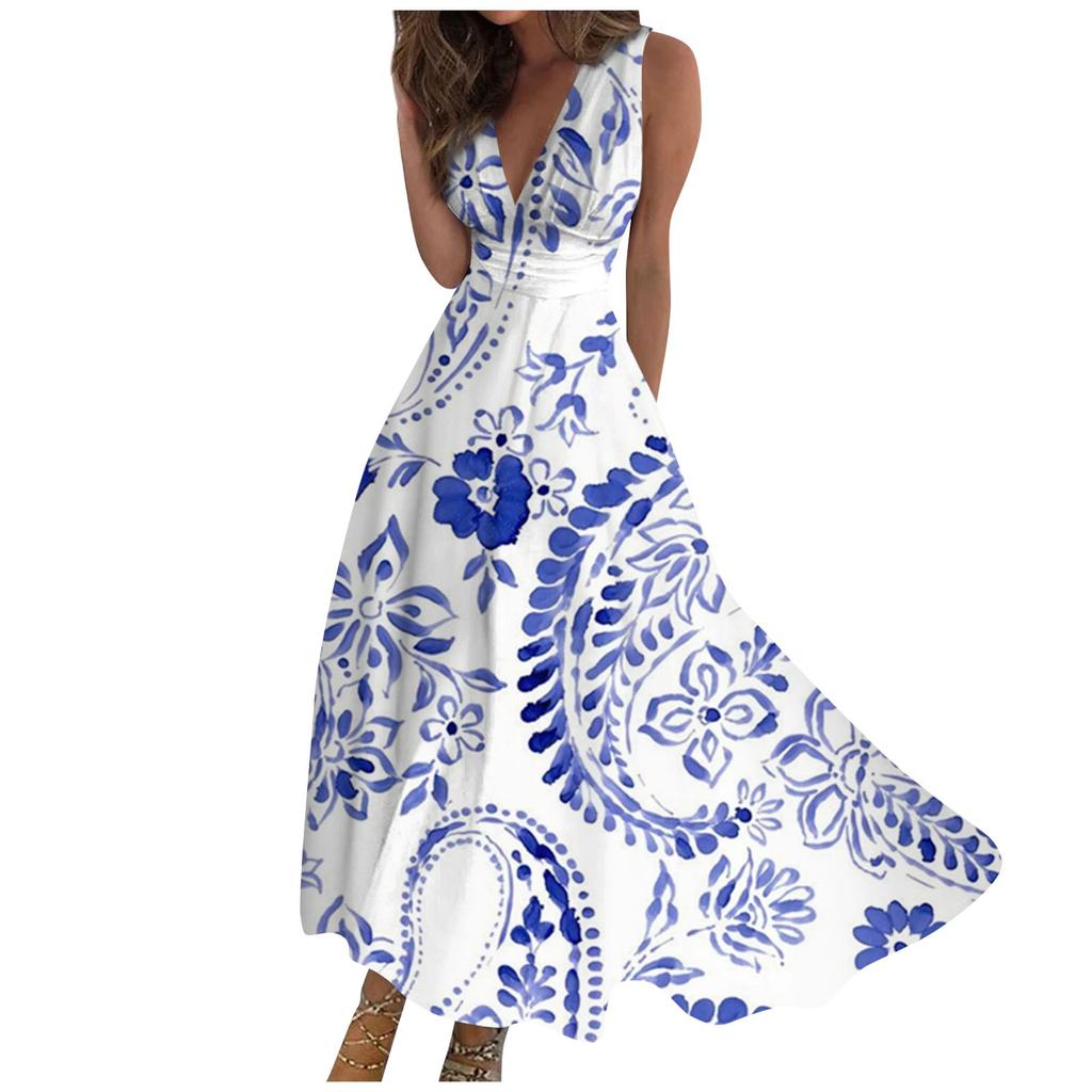 Women's Long Dress Maxi Dress Casual Dress Summer Casual Sleeveless V Neck Boho Waist Retraction Printed Dress