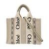 [Použitý] Lněná a hladká teletinová taška Tote Bag Nákupní taška přes rameno Crossbody Taška na ruku s dřevěným potiskem loga a ručně vyšívanou dekorací - Velmi dobrý stav #QTXISG