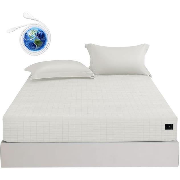 Grounding Sheets Twin Size Premium Cotton for Healthy Sleep Therapy, Deep Pocket Grounding Fitted Sheets Includes Grounding Cord (Gray, Twin Full XL