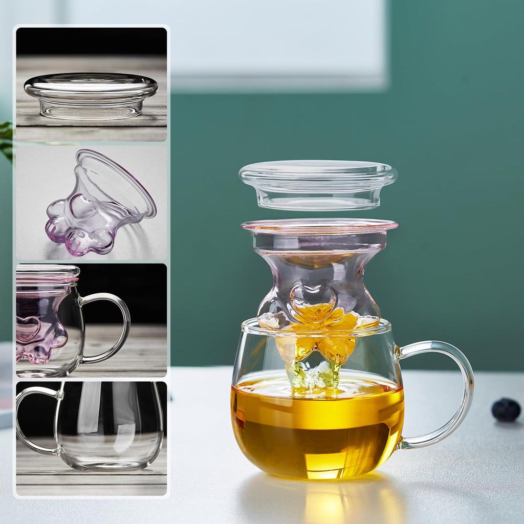 Pokaro Tea Cat Claw Cup Tea with Pink Tea and and for Black Green Chinese Japanese Flower and Coffee Mug, Heat-Resistant Glass, 400ml, Strainer,