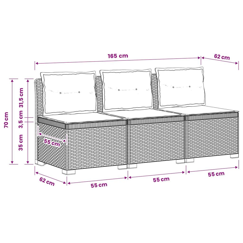 3 Seater Garden Sofa with Cushions Rattan Look PP Brown