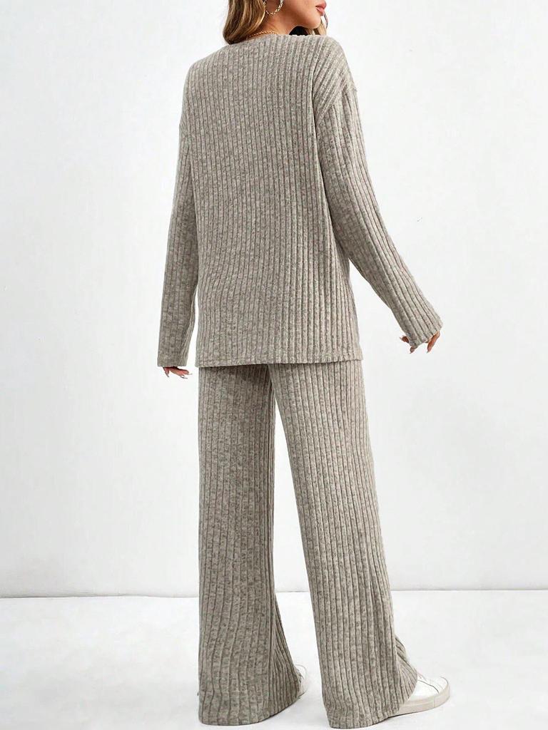 Women's Autumn 2025 Fashion: V-Neck Rib-Knit & Straight-Leg Pants Set