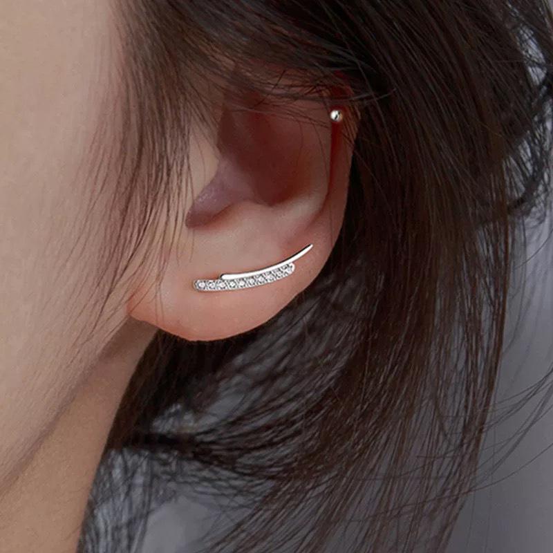 Beixi Sterling Silver S925 Double Layer Ear Cuff with Inlaid Diamonds and Curved Lines - Cold Style Temperament Sweet Earrings. 925 Silver