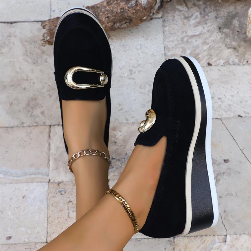 Women's Wedge High-Heeled Slip-On Loafers, Black Comfort Work Shoes With Chain Detail.