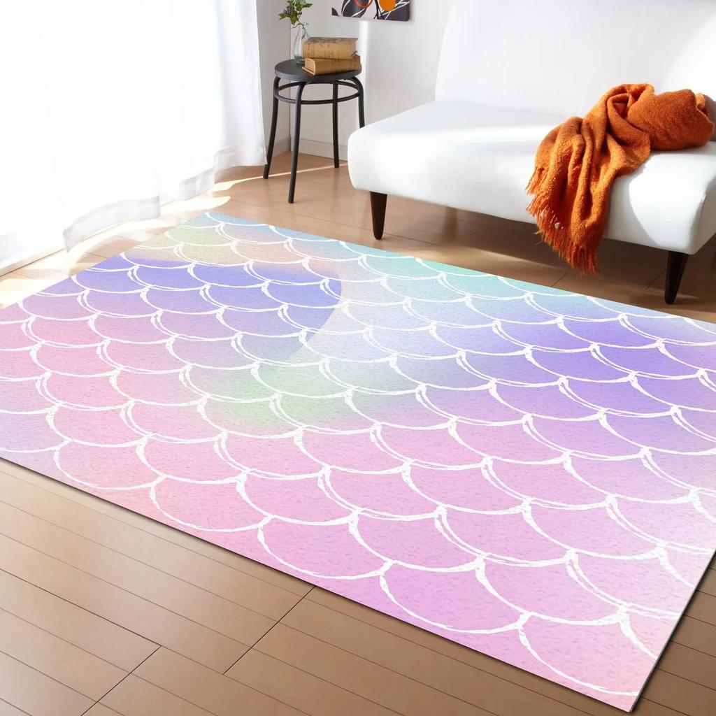 Koberec s potiskem mořských šupin Barevný Zábavný Potisk rybích šupin Koberec do obývacího pokoje Oceánský motiv Vnitřní podlahová rohožka Třpytivá Dekorativní rohožka