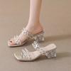 2025 spring and summer explosion silver rhinestone temperament square head word with high heels female sexy open-toed thin heel cool slippers