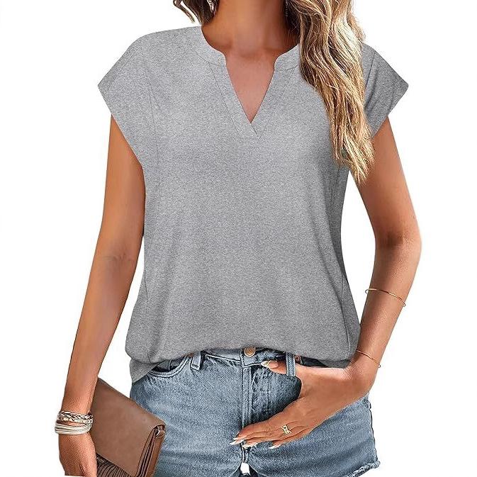 Ladies Summer Short Sleeve V Neck Solid Color Pullover T Shirt Top