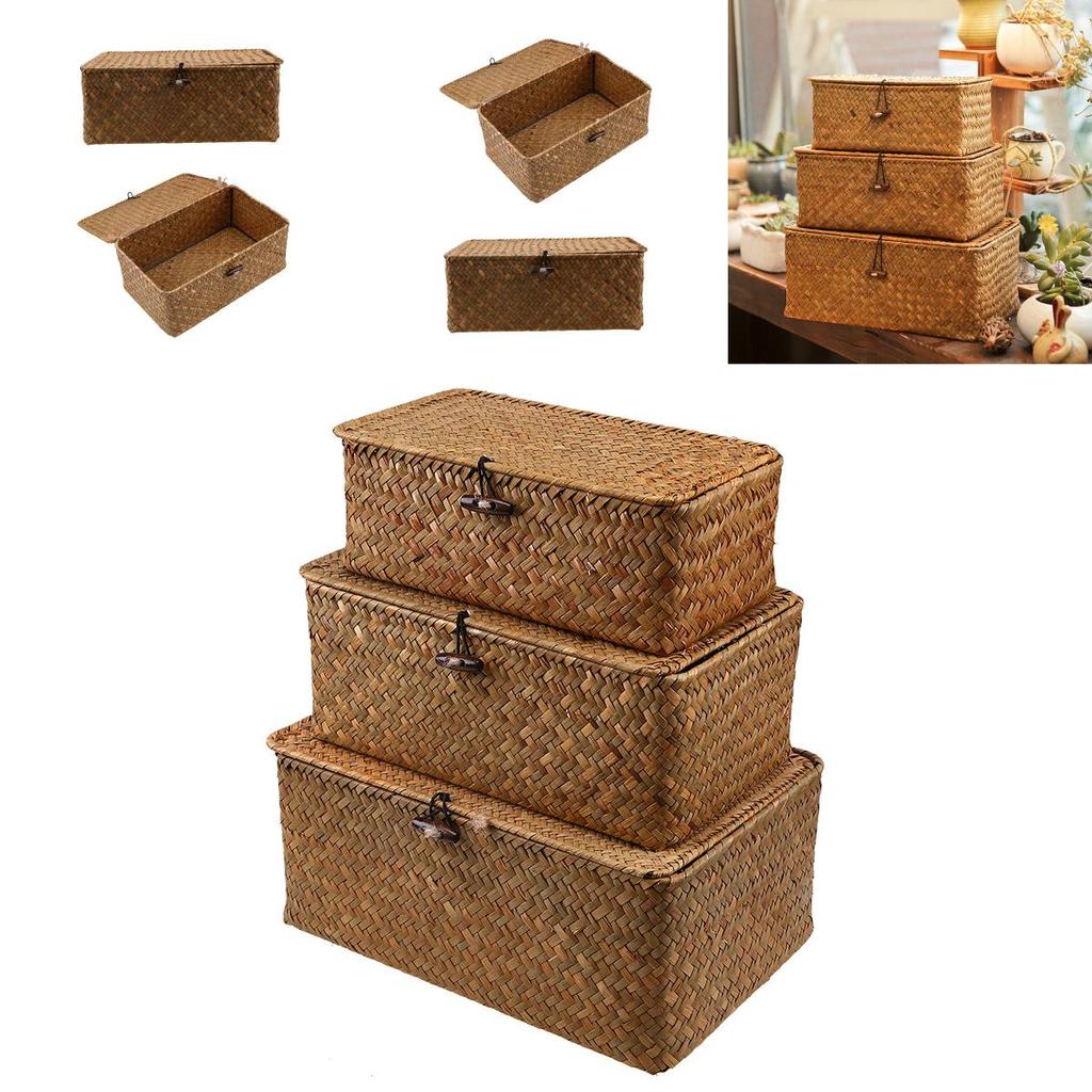 Vintage Handmade Woven Storage Box With Lid Yellow Seagrass Material