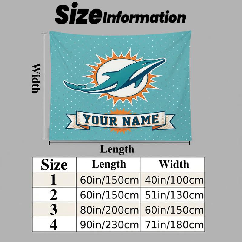 Benutzerdefiniertes Namensschild Miami Dolphins Bedruckter Wandteppich – Wandbehang für Schlafzimmer, Studentenwohnheime und Heimdekoration