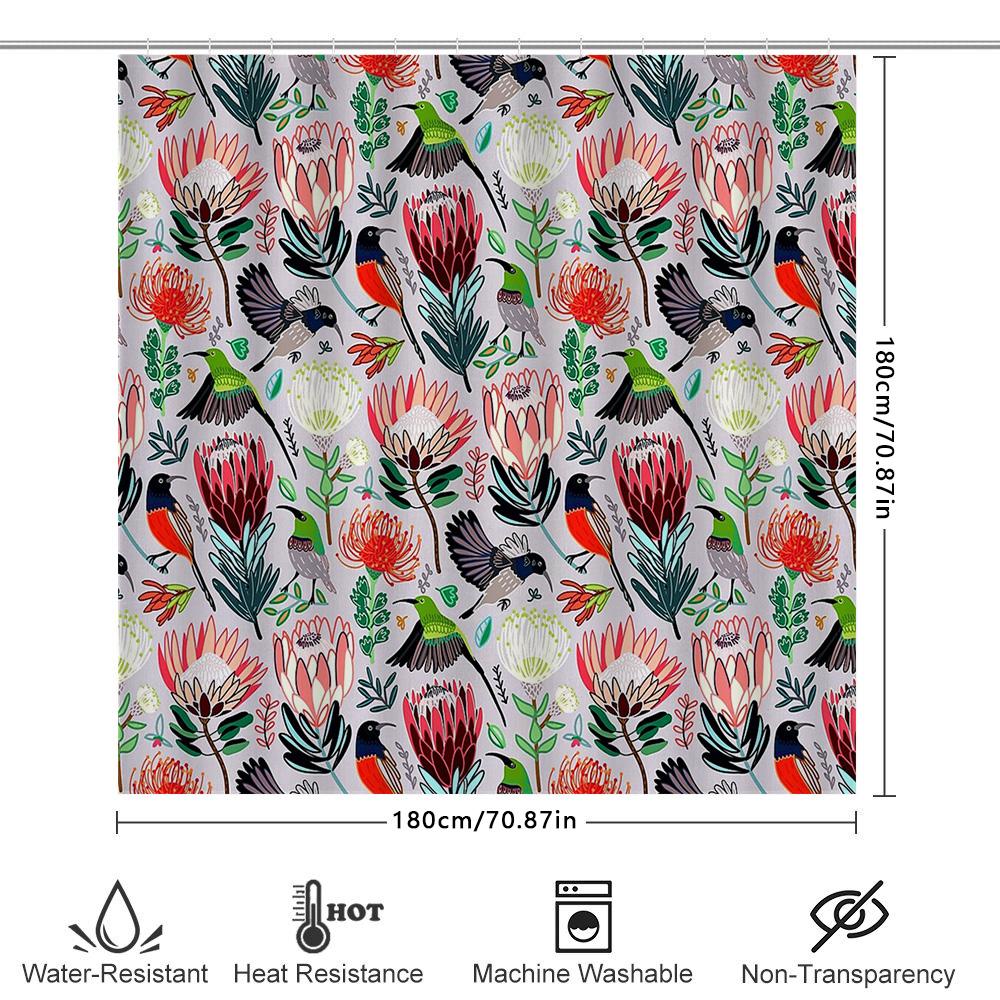 Botanical Bird Shower Curtain Tropical Nature Pattern Bathroom Decor Farmhouse Style Home Accent Tropical Leaves Floral Design M