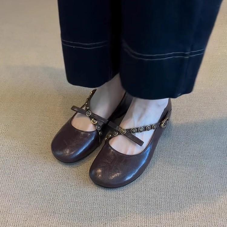 Sheepskin version~ French retro shallow mouth one-word buckle bow single shoes flat leather one-pedal Mary Jane shoes women