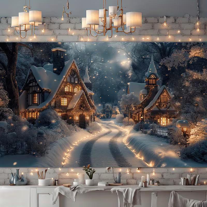 

2D HD Print Snowy Christmas Village Tapestry Bohemian Home Decor 47.2x31.5inch/120*80cm