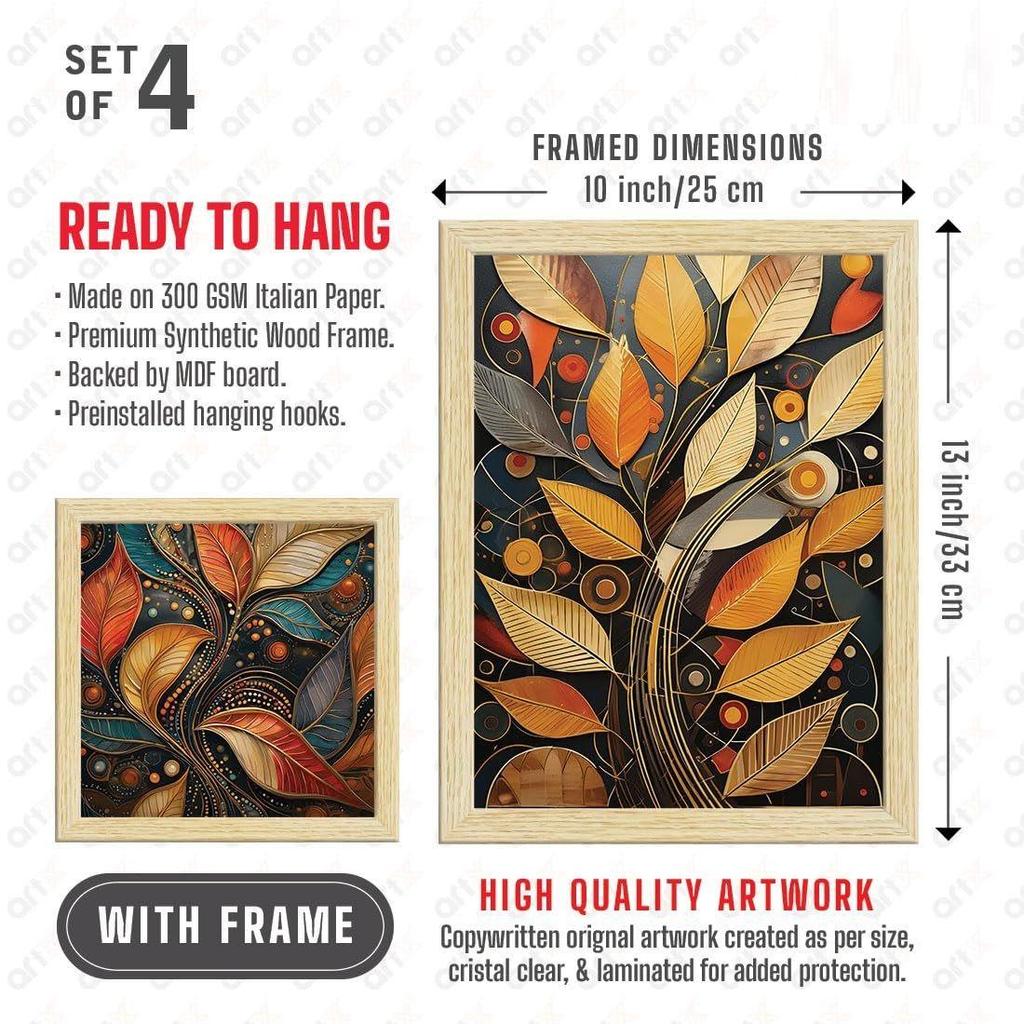 Paper Golden Mystic Leaves Art PaintingsWith Frame for Home Decor, Wall Painting for Living Room, Multicolor, Set of 4