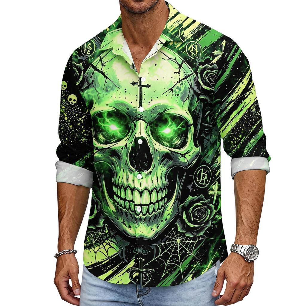 Men's Halloween Long Sleeve Button Down Shirt with Collar Casual for Holiday Parties