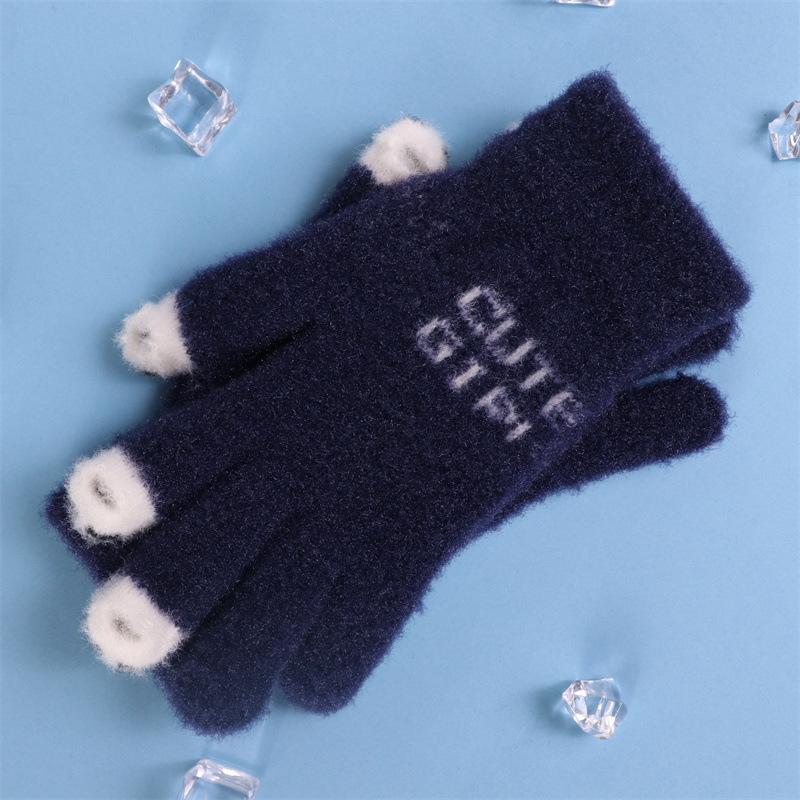 

Gloves women s new winter open finger thickened warm velvet cute student cold-proof wool finger gloves Classic [50g/pair] Темно-синій