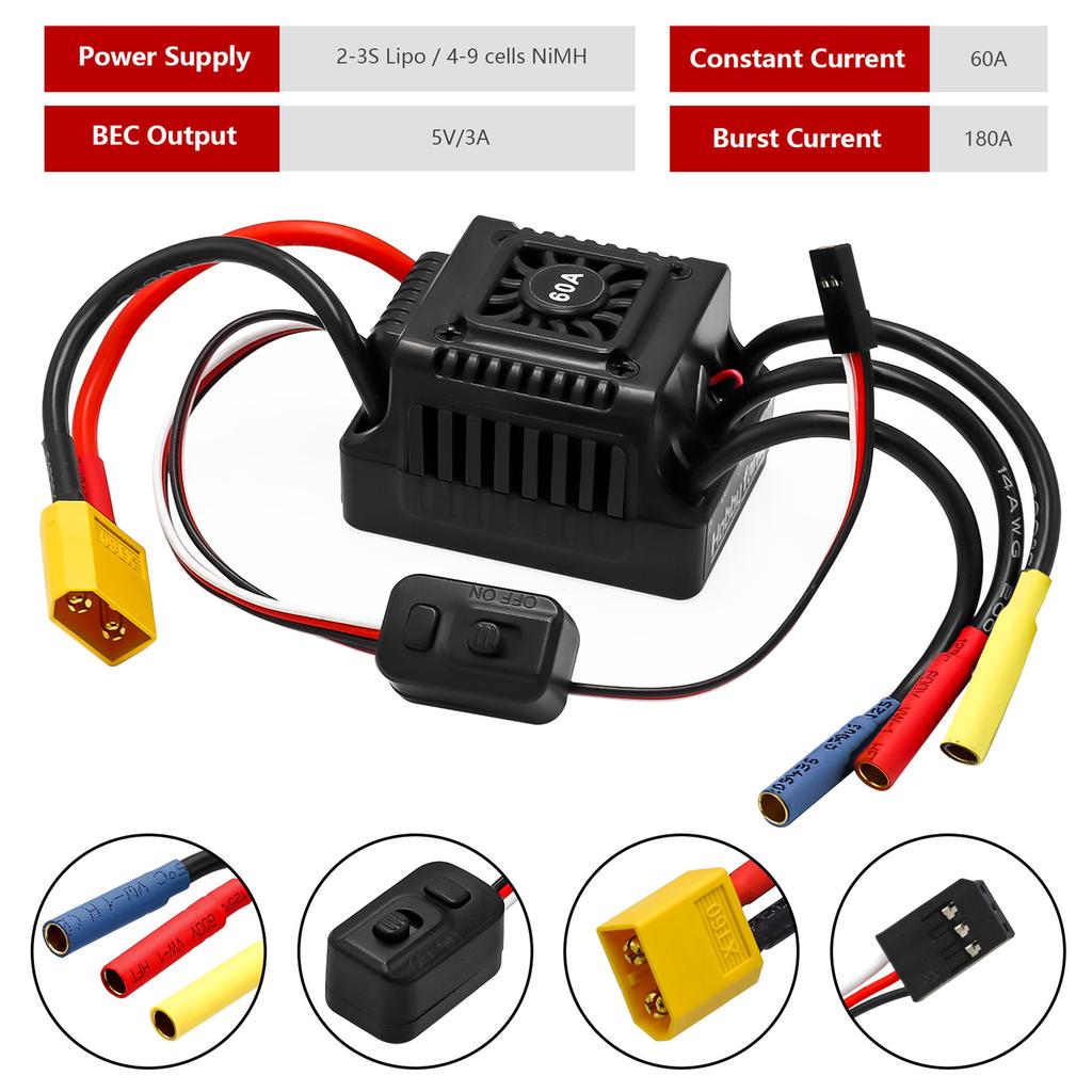 60A Electronic Speed Controller 2-3S Electric Speed Controller with 5V/3A BEC for 1/10 Remote Control Car Truck