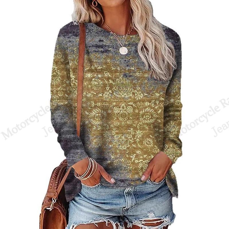 Ethnic Floral 3d Print T-Shirt Women's Crew Neck T-Shirt Casual Long Sleeve T-shirt Women Clothing Fashion Oversized Tops Tees