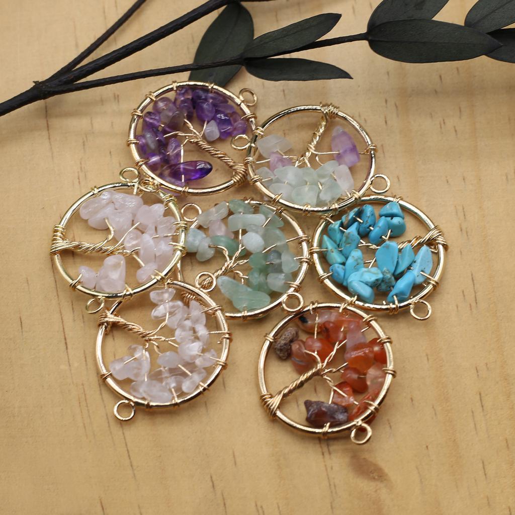 2Pcs Winding Connector Natural Stone Fluorite/Amethyst Round Gravel Connector For Jewelry Making DIY Necklace Bracelet Accessory