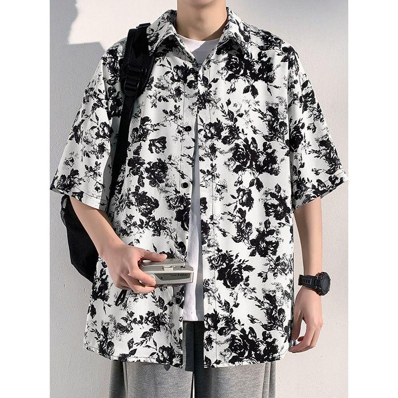 Japanese-Style Vintage Floral Full-Print Shirt for Men, Summer High-End Casual Loose Short-Sleeve Shirt