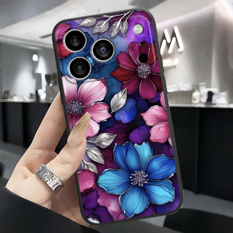 Schmetterlingsblumenmuster Handyhülle Für Apple iPhone 17 16 16E 15 14 13 12 11 Pro Max Plus Schwarz Weiches Silikon