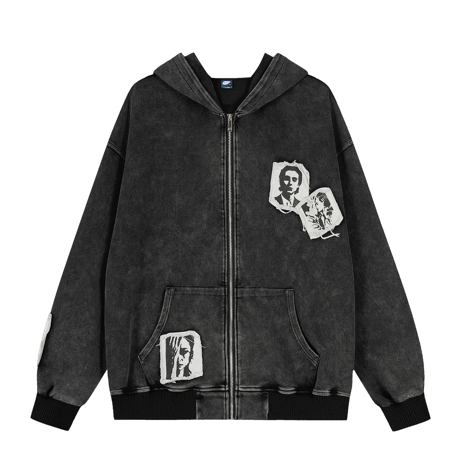 Men s Autumn American Retro Hoodie Washed Jacket Patch Zipper Sweater Men s M
