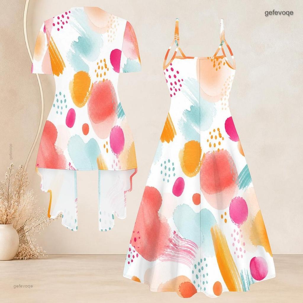 Women Plus Size Printed Two Piece Set Short Sleeve Cardigan Strappy V Neck Flared Dress